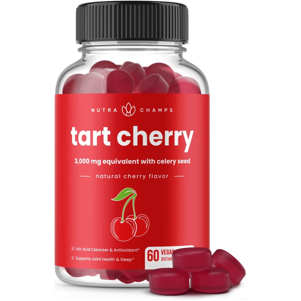 NutraChamps Tart Cherry Gummies - 3000mg Tart Cherry Extract with Celery Seed - Uric Acid Cleanse Supplement - Antioxidant, Joint Comfort, Flexibility, Immune Health, Sleep - 60 Vegan Gummies