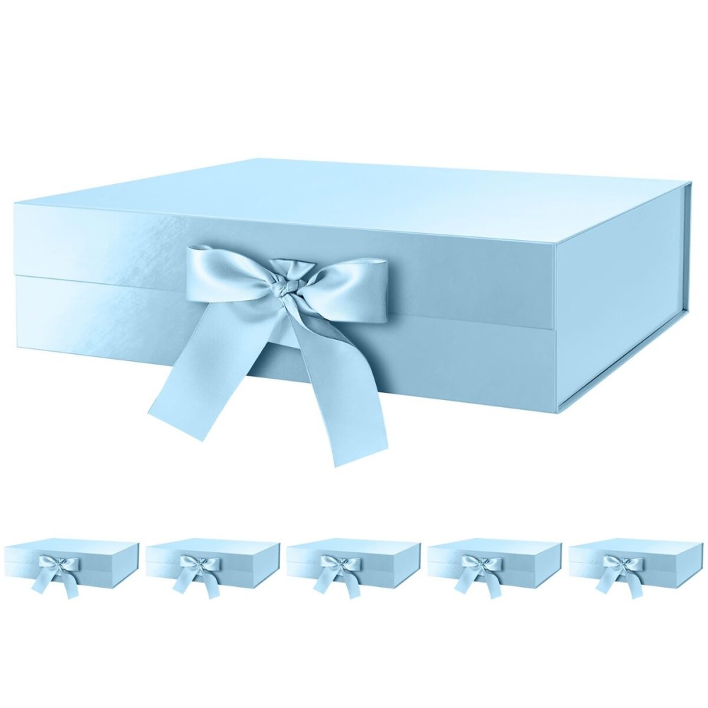GREEN BEAN 6 Large Gift Boxes with Lids for Presents 13x9.7x3.4 Inches, Baby Blue Magnetic Luxury Gift Box with Ribbon, Bridesmaid Proposal Gift Boxes (Baby Blue)