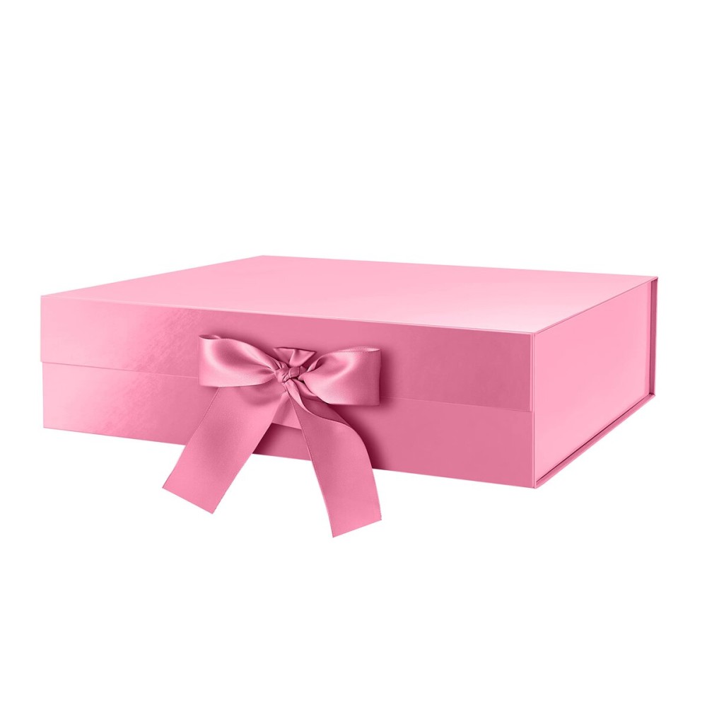 GREEN BEAN Large Gift Box with Lid for Presents 13x9.7x3.4 Inches, Pink Magnetic with Ribbon Luxury Gift Box, Bridesmaid Proposal Box (Glossy Pink)