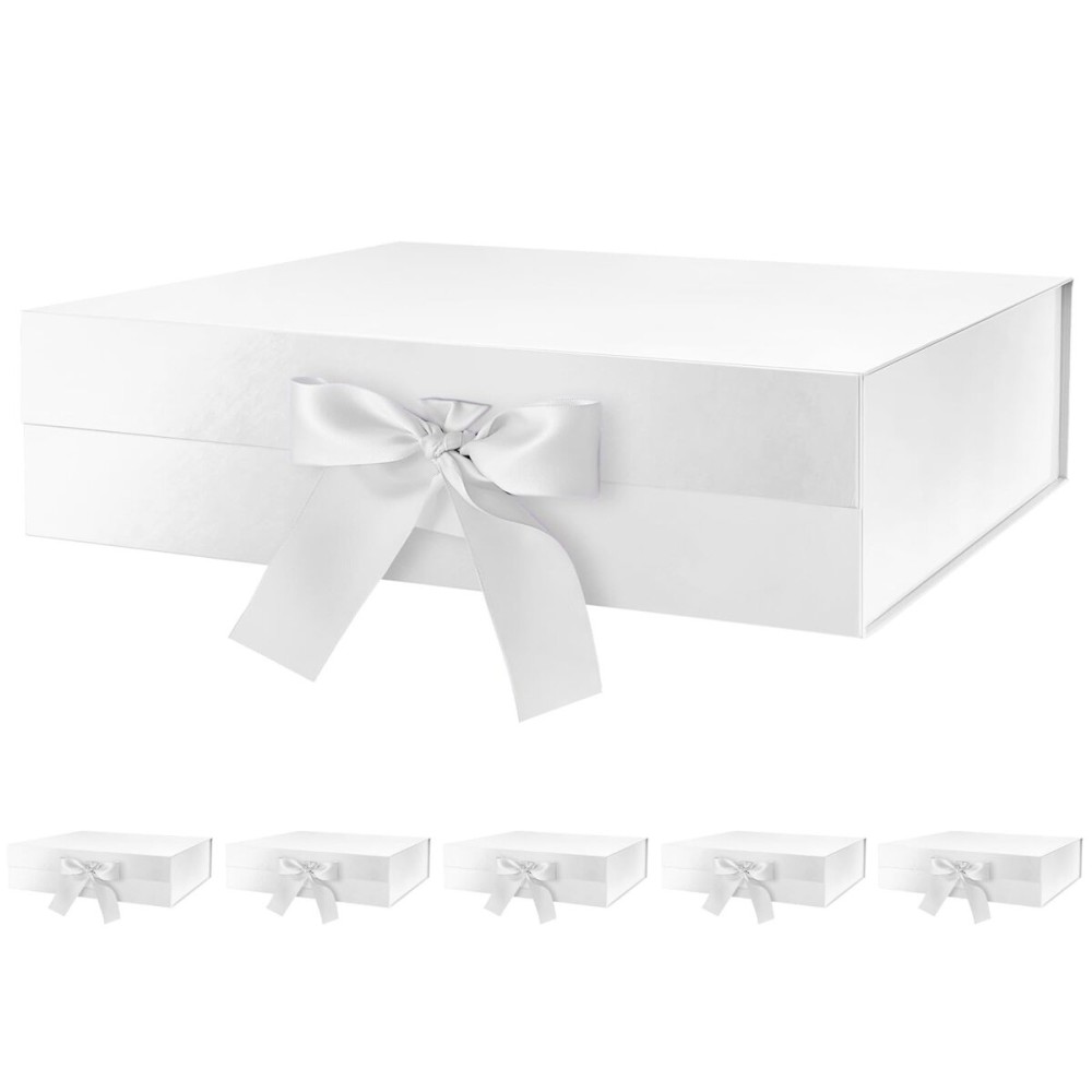GREEN BEAN 6 Large Gift Boxes with Lids for Present 13x9.7x3.4 Inches, White Magnetic Gift Box with Ribbon, Bridesmaid Proposal Boxes, Luxury Gift Boxes (Glossy White)