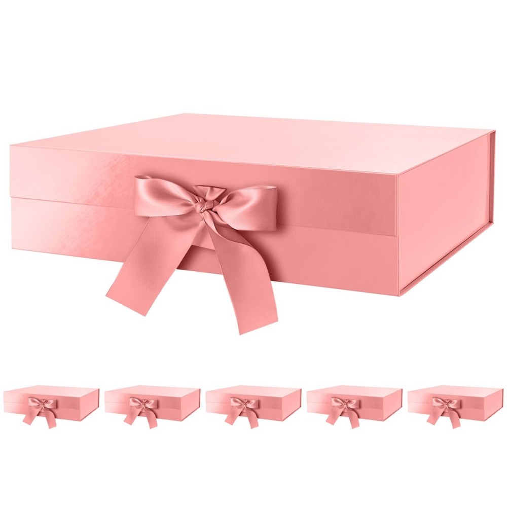 GREEN BEAN 6 Large Gift Boxes with Lids for Presents 13x9.7x3.4 Inches, Rose Gold Magnetic Gift Boxes with Ribbon, Bridesmaid Proposal Boxes, Luxury Christmas Gifts Boxes (Glossy Rose Gold)