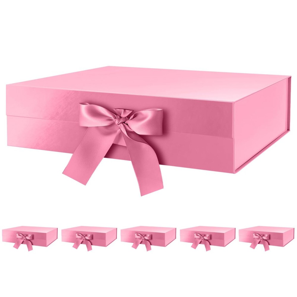 GREEN BEAN 6 Large Gift Boxes with Lids for Present 13x9.7x3.4 Inches, Pink Magnetic Gift Box with Ribbon, Bridesmaid Proposal Boxes, Luxury Gift Boxes (Glossy Pink)