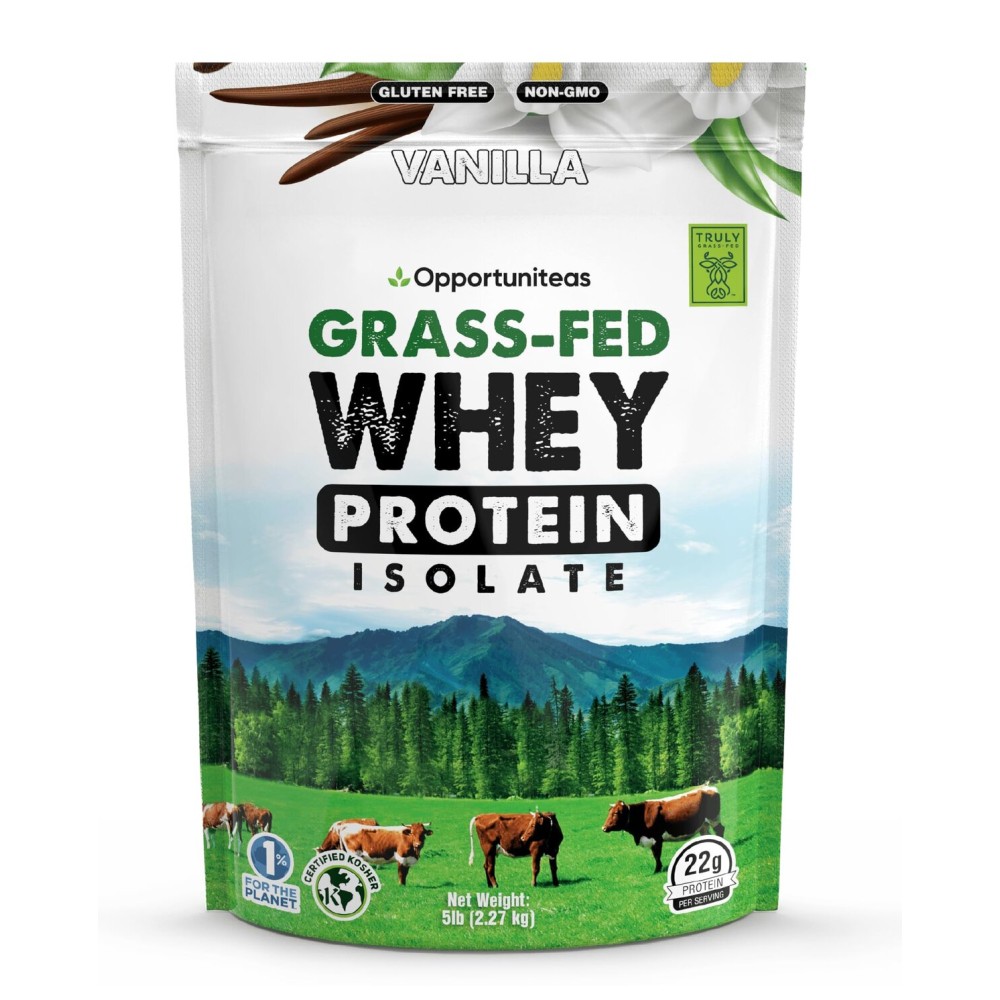 Opportuniteas Grass Fed Vanilla Whey Isolate Protein Powder - 22g Protein, Heavy-Metal Tested, Organic Cane Sugar & Organic Vanilla Flavor, Non-GMO, Hormone-Free, Sourced from Ireland, 5lb