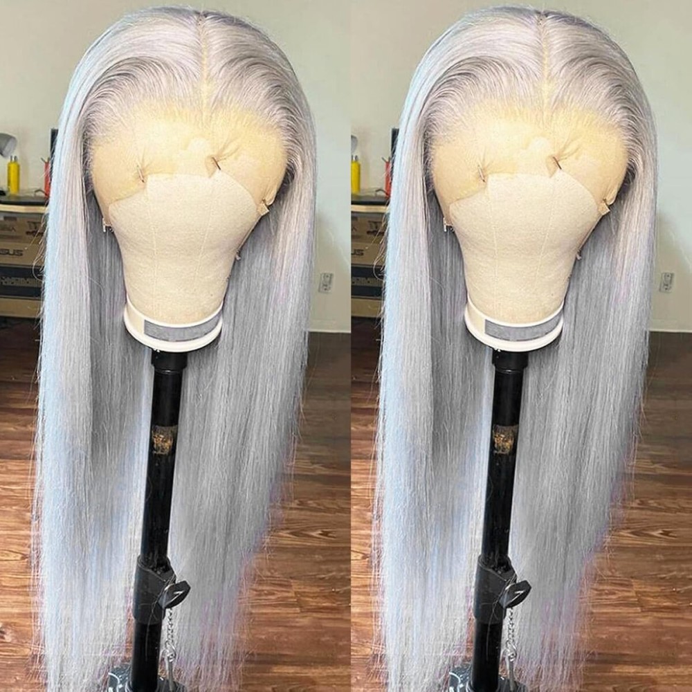 ANDRIA 13X4 HD Lace Front Wigs Straight Hair Glueless Lace Wigs Synthetic Long Silk Straight Natural Wig 200% Density Grey Wig Pre Plucked Lace Frontal Wigs With Baby Hair For Black Women 26 Inches