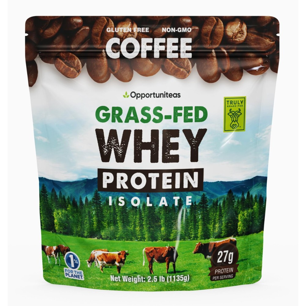 Opportuniteas Grass Fed Coffee Whey Isolate Protein Powder - 27 g Protein per Serving, Heavy-Metal Tested, Made with Real Colombian Coffee, Non-GMO, Hormone-Free, Sourced from Ireland, 2.5 lb