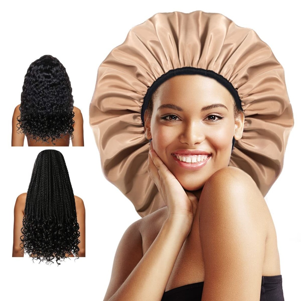 Auban Extra Large Shower Cap for Braids, Double-Layer Waterproof Reusable Satin Lining XL Shower Cap for Women Long Hair, Locs, perms (khaki)