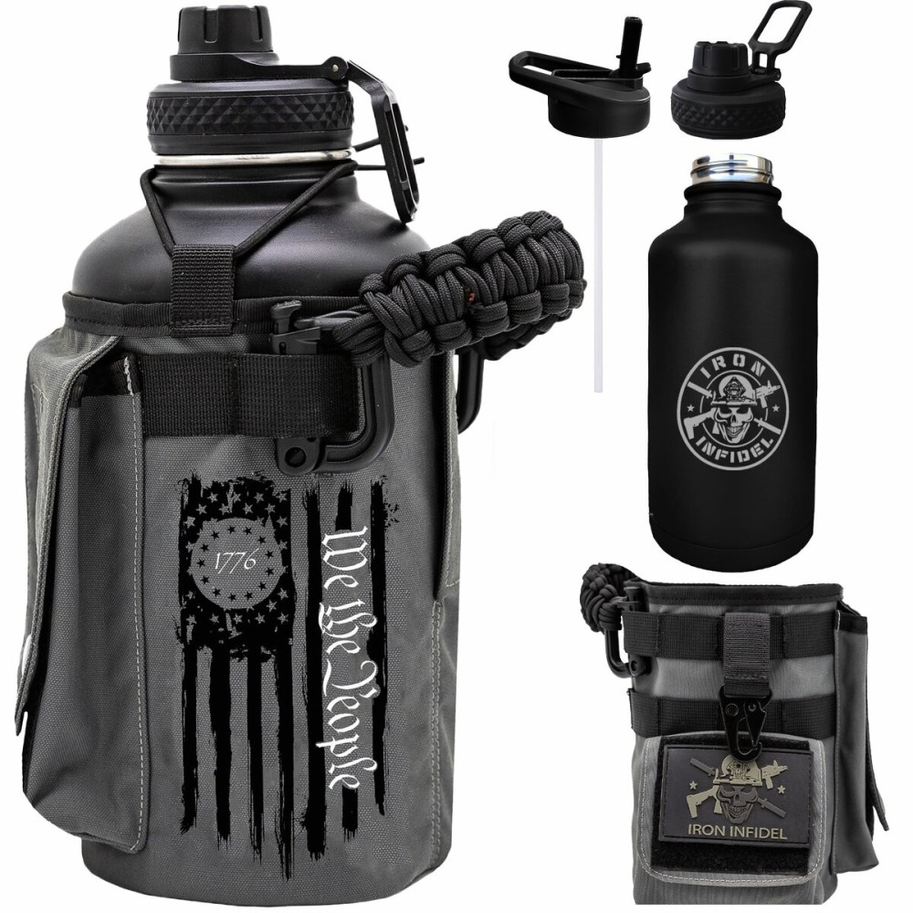 Iron Infidel Battle Bottle - Half Gallon Water Bottle Insulated, 64 oz Stainless Steel Water Jug with Paracord Handle - Gym Flask for Men with Rugged Sleeve for Storage (Betsy Ross 2 Liter)