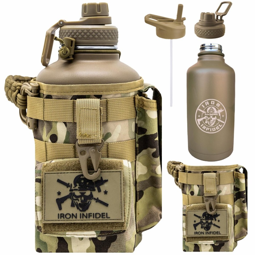 Iron Infidel Battle Bottle - Half Gallon Insulated Water Bottle with Paracord Handle - Large 64 oz Stainless Steel Water Jug & Rugged, Removable Sleeve For Keys, Wallet, Phone (OCP Camo 2 Liter)
