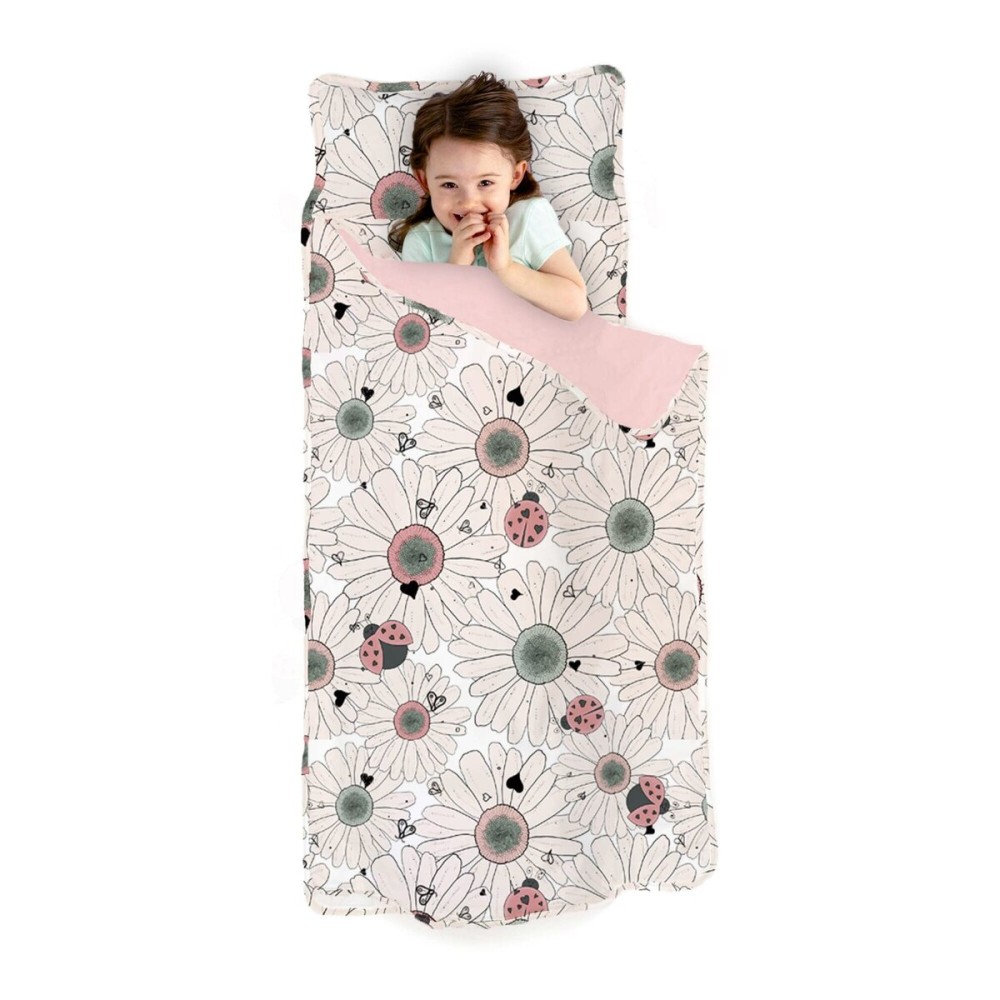JumpOff Jo Extra Long Nap Mat for Kids - Cozy Kids Rest Mat with Removable Pillow and Ultra Soft Blanket for Preschool, Daycare, and Sleepovers - Floral, Daisy Bug