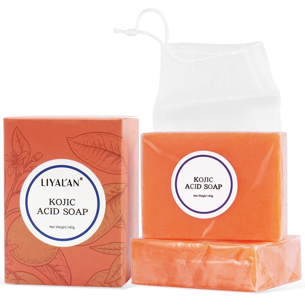 LIYALAN Kojic Acid Soap Bar Moisturizing Deep Cleansing for Face and Body Smooth Skin Care 140g x 2 bars,9.9 oz 2 bars