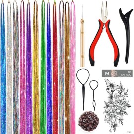 Hair Tinsel Kit, Fairy Tinsel Hair Extensions With Tool 2760 Strands 12 Colors Holographic Heat Resistant Sparkling Hair Glitter for Christmas New Year Party (48 Inch)