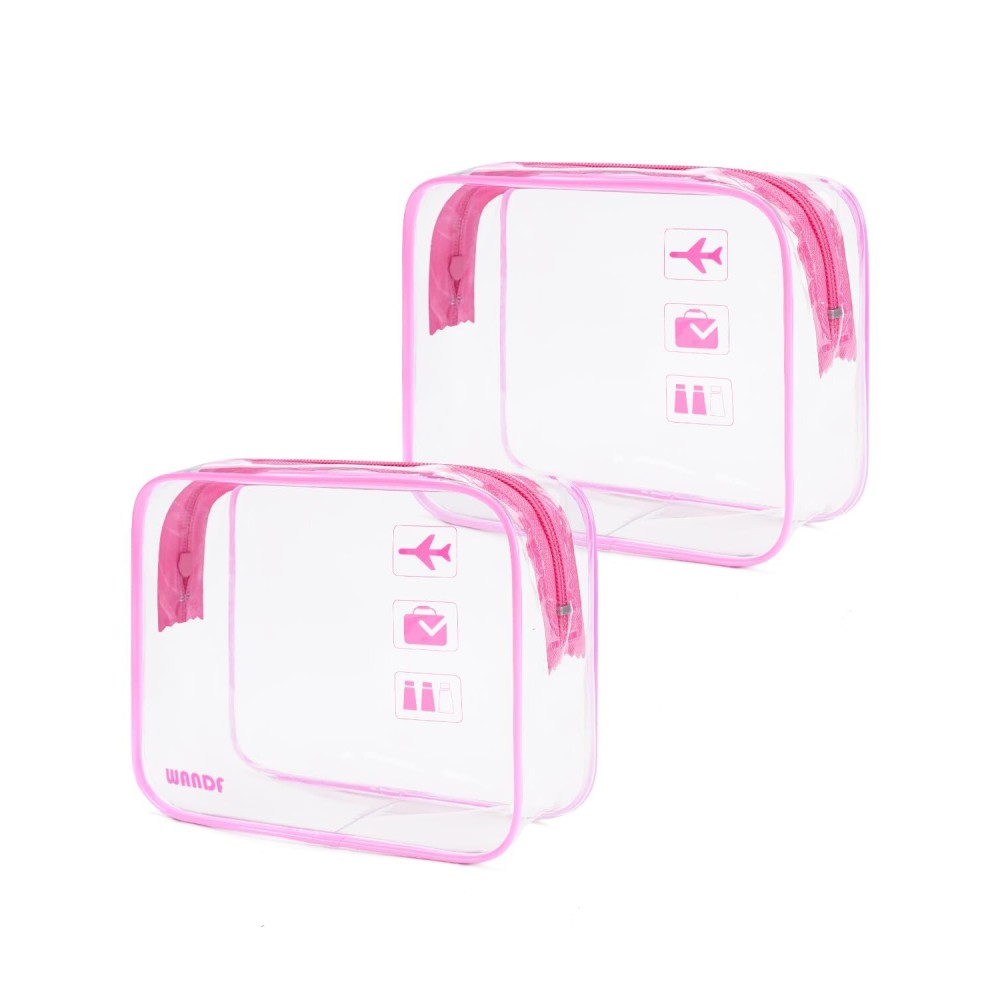 WANDF TSA Approved Toiletry Bag, 2 Packs Travel Clear Toiletry Bag, Quart Size Makeup Cosmetic Pouch with Zipper, Carry-On Airport Compliant Bag for Women and Men (2pcs Pink)