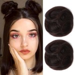 REECHO Space Bun Hair Pieces, 2 PCS Mini Claw Clip in Messy & Cat Ears Fake Hair Bun Extensions HB001 Wig Accessory Updo Hairpieces for Women Girls (Pack of 2-3.5 Wavy, Black Brown)