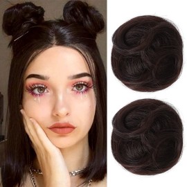 REECHO Space Bun Hair Pieces, 2 PCS Mini Claw Clip in Messy & Cat Ears Fake Hair Bun Extensions HB001 Wig Accessory Updo Hairpieces for Women Girls (Pack of 2-3.5 Wavy, Black Brown)