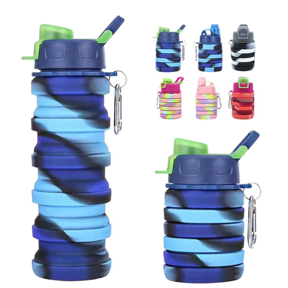 WATMHHJQ Silicone Collapsible Water Bottles, 16oz 500ml Portable Foldable Expandable Water Bottle Sports Cups, Leak Proof Reusable BPA Free, for Outdoor Activities Travel (2 Blue)