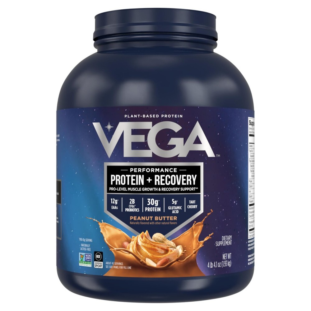 Vega Sport Vegan Protein Powder + Recovery - 30g Plant Based Protein per Serving, Peanut Butter, 45 Servings, 5g BCAAs, Probiotics, NSF Certified, for Shakes & Smoothies, 4.2lbs (Packaging May Vary)