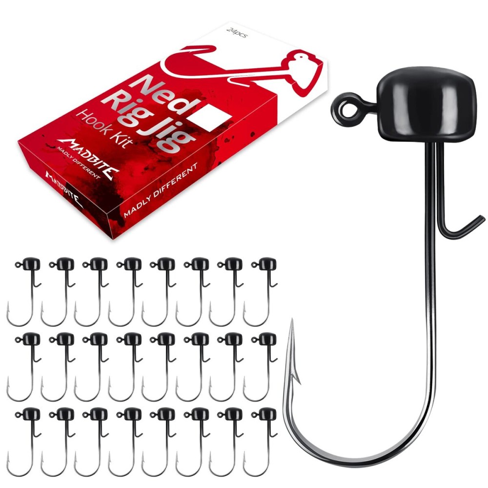 MadBite by KastKing Ned Rig Jig Heads for Soft Fishing Lures, 24-Pack Finesse Standard Mushroom Stand-up Ned Heads Kit, Needle Point Saltwater & Freshwater Versatility Ned Rig Hooks (Black, 1/8 oz)