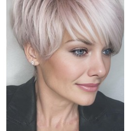 SEVENCOLORS Short Pixie Cut Wigs for White Women Blonde Mixed Light Pink Short Wigs with Bangs Layered Synthetic Hair Wigs Natural Looking