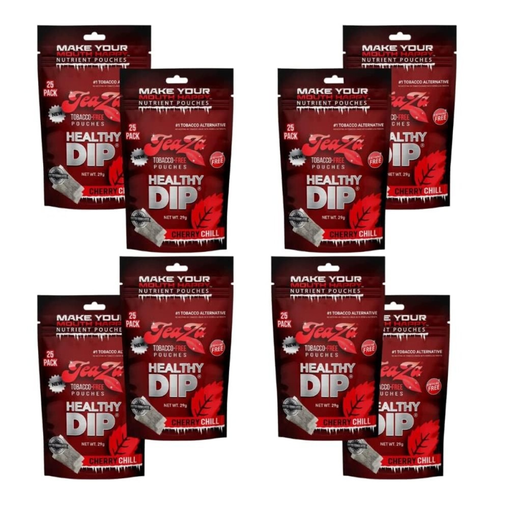 TeaZa Energy Pouches, Tobacco Free Nicotine Free Dip Alternative Snuff & Energy Dip Chewing Tobacco Alternative Healthy Dipping Premium Flavored Cherry Chill (8 Pack)