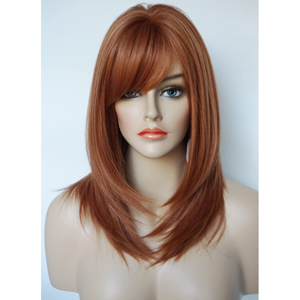 Short Copper Wigs for Women Mid length Wigs for white women Layered wig with bangs Synthetic wig for white Women