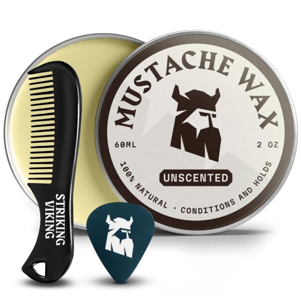 Striking Viking Mustache Wax Kit with Comb - 2 oz, Unscented, Strong Hold - Unscented Mustache Wax for Men & Anti-Static Comb for Precise Grooming - Non-Greasy Formula for Easy Beard Care
