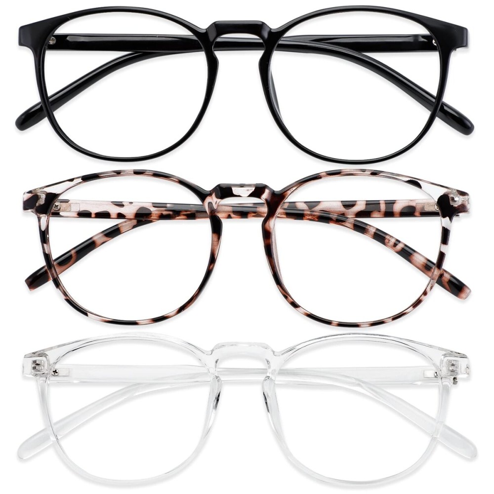 Przene 3 Pack Blue Light Blocking Glasses Women/Men,Retro Round Computer Glasses Anti Eye Strain/UV/Glare, Gaming Glasses. (Black/Crystal/Transparent Amber)