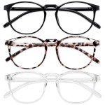 Przene 3 Pack Blue Light Blocking Glasses Women/Men,Retro Round Computer Glasses Anti Eye Strain/UV/Glare, Gaming Glasses. (Black/Crystal/Transparent Amber)