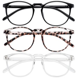 Przene 3 Pack Blue Light Blocking Glasses Women/Men,Retro Round Computer Glasses Anti Eye Strain/UV/Glare, Gaming Glasses. (Black/Crystal/Transparent Amber)