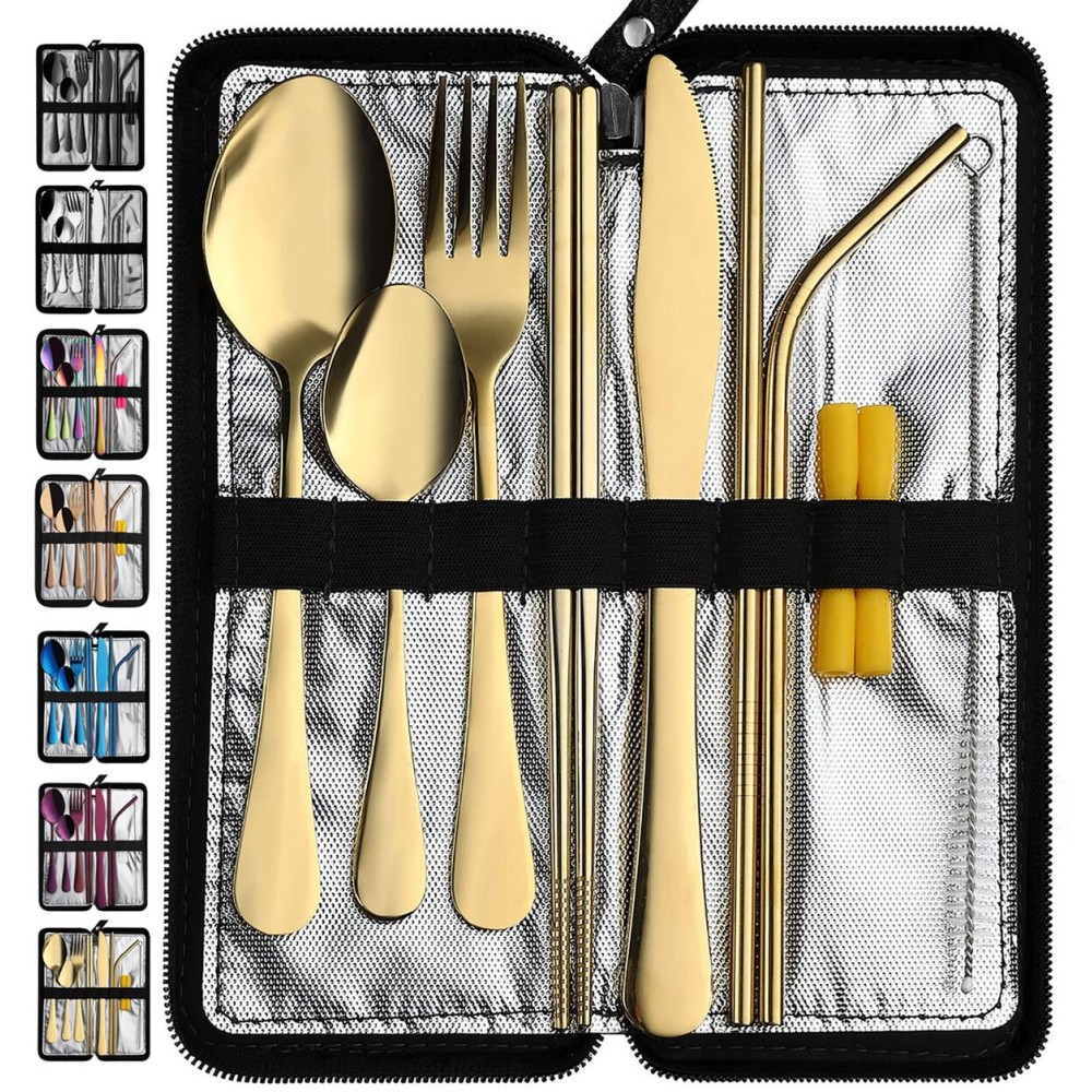 VANDBAO Camping Utensils Set, Portable Travel Utensils with Case for Fixing Tableware, Reusable Stainless Steel Stable Cutlery Set, Lunch Picnic Flatware Silverware (Gold Set)