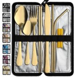 VANDBAO Camping Utensils Set, Portable Travel Utensils with Case for Fixing Tableware, Reusable Stainless Steel Stable Cutlery Set, Lunch Picnic Flatware Silverware (Gold Set)