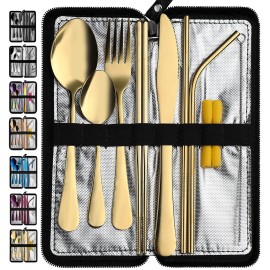 VANDBAO Camping Utensils Set, Portable Travel Utensils with Case for Fixing Tableware, Reusable Stainless Steel Stable Cutlery Set, Lunch Picnic Flatware Silverware (Gold Set)