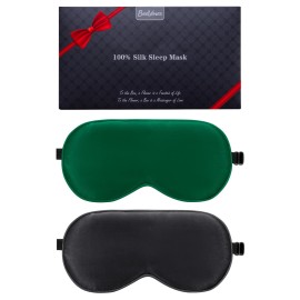 BeeVines 100% Real Mulberry Silk 2 Pack Sleep Mask, Pure Silk Eye Masks with Adjustable Strap for Sleeping, 100% Block Light Eye Shade Cover, Reduces Puffy Eyes Traveling Gifts(Black & Green)