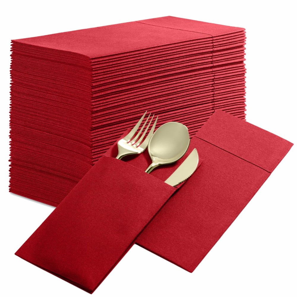 50-Pack Disposable Linen-Feel Dinner Napkins with Built-in Flatware Pocket, BRIGHT RED Prefolded Cloth Like Paper Napkins For Christmas, Dinner, Wedding Or Party [Silverware NOT Included]