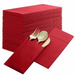 50-Pack Disposable Linen-Feel Dinner Napkins with Built-in Flatware Pocket, BRIGHT RED Prefolded Cloth Like Paper Napkins For Christmas, Dinner, Wedding Or Party [Silverware NOT Included]