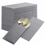 50-Pack Disposable Linen-Feel Dinner Napkins with Built-in Flatware Pocket, GRAY Prefolded Cloth Like Paper Napkins For Dinner, Wedding Or Party [Silverware NOT Included]