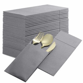 50-Pack Disposable Linen-Feel Dinner Napkins with Built-in Flatware Pocket, GRAY Prefolded Cloth Like Paper Napkins For Dinner, Wedding Or Party [Silverware NOT Included]