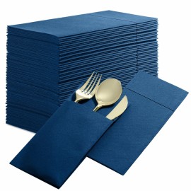 50-Pack Disposable Linen-Feel Dinner Napkins with Built-in Flatware Pocket, DARK BLUE Prefolded Cloth Like Paper Napkins For Dinner, Wedding Or Party [Silverware NOT Included]