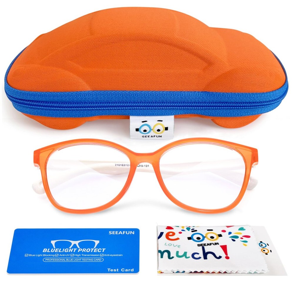 SEEAFUN Blue Light Glasses for Kids Girls Boys with Cute Car Case, UV400 Protection, Anti Blue Ray Age3-12 Computer Game Glasses (Orange&White)