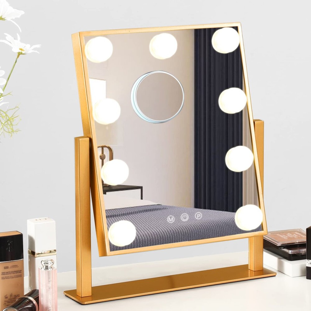BWLLNI Vanity Mirror with Lights, Hollywood Mirror Lighted Makeup Mirror with 9 LED Bulbs, Touch Control Design 3 Colors Dimmable Bulbs Detachable 10X Magnification 360Rotation(Gold)