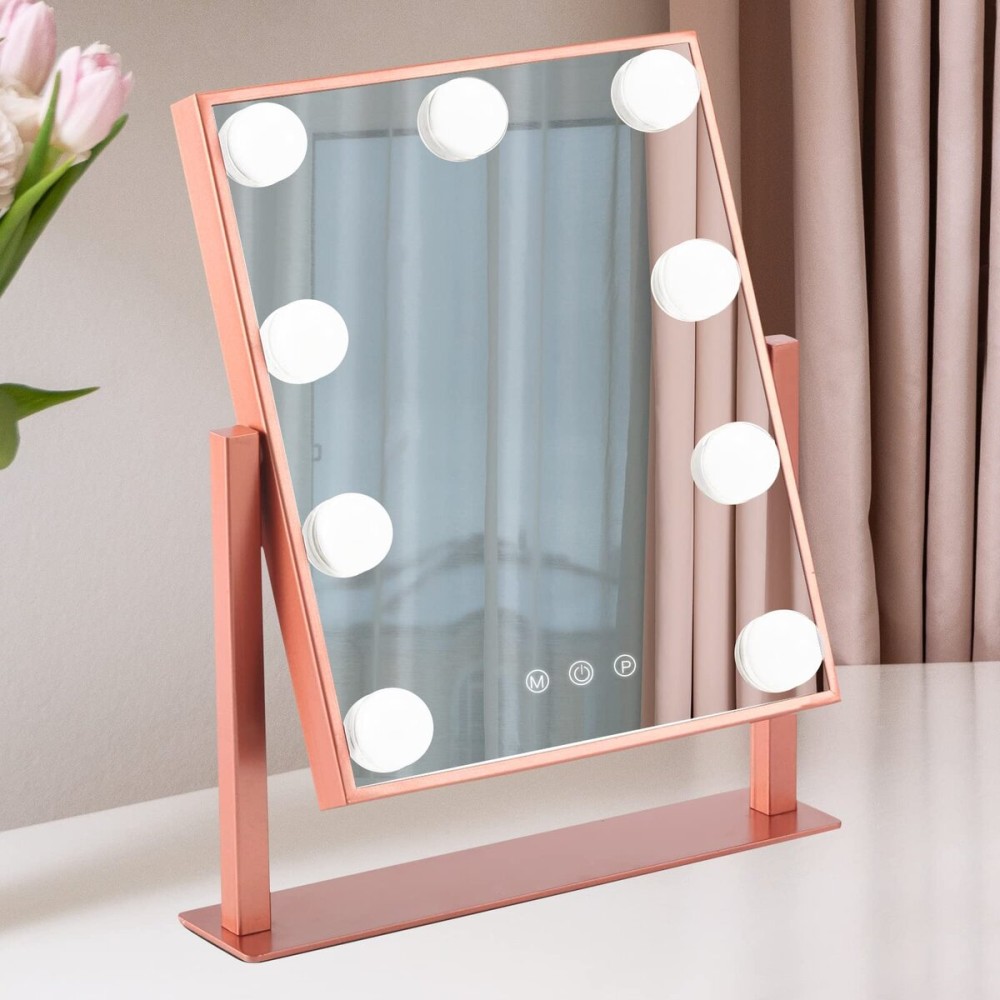 BWLLNI Makeup Mirror with Lights, Hollywood Mirror Lighted Vanity Mirror with 9 LED Bulbs, Touch Control Design 3 Colors Dimmable Bulbs Detachable 10X Magnification 360Rotation(Rose Pink)