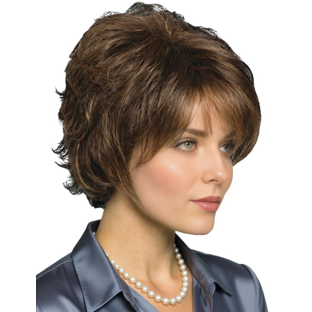TISHINING Short Curly Brown Pixie Cut Wigs for White Women with Bangs Pixie Laered Mixed Brown Synthetic Shaggy Curly Wigs for Women Natural Looking Daily Party Hair Replacement Wig
