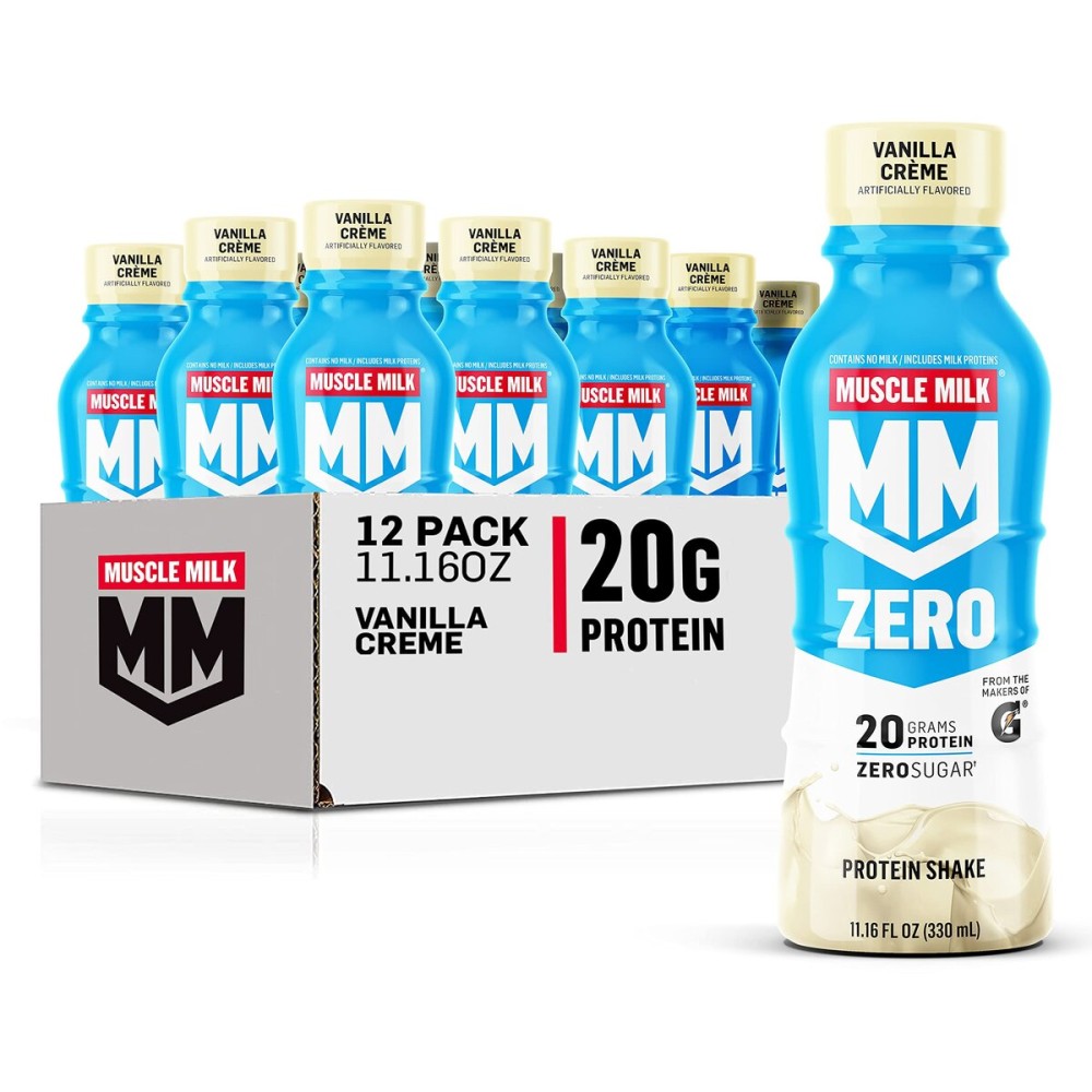 Muscle Milk Zero Protein Shake, Vanilla Crme, 20g Protein, Zero Sugar, 100 Calories, Calcium, Vitamins A, C & D, 4g Fiber, Energizing Snack, Workout Recovery, Packaging May Vary 11.16 Fl Oz (Pack of 12)