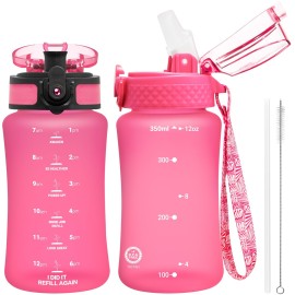 OLDLEY Kids Water Bottle for School, 12 oz (2 lids) BPA-Free Reusable Leak-proof Durable Tritan Plastic Water Bottles with Straw & Chug Lids, Anti-dust Spout Cover (Rose red)
