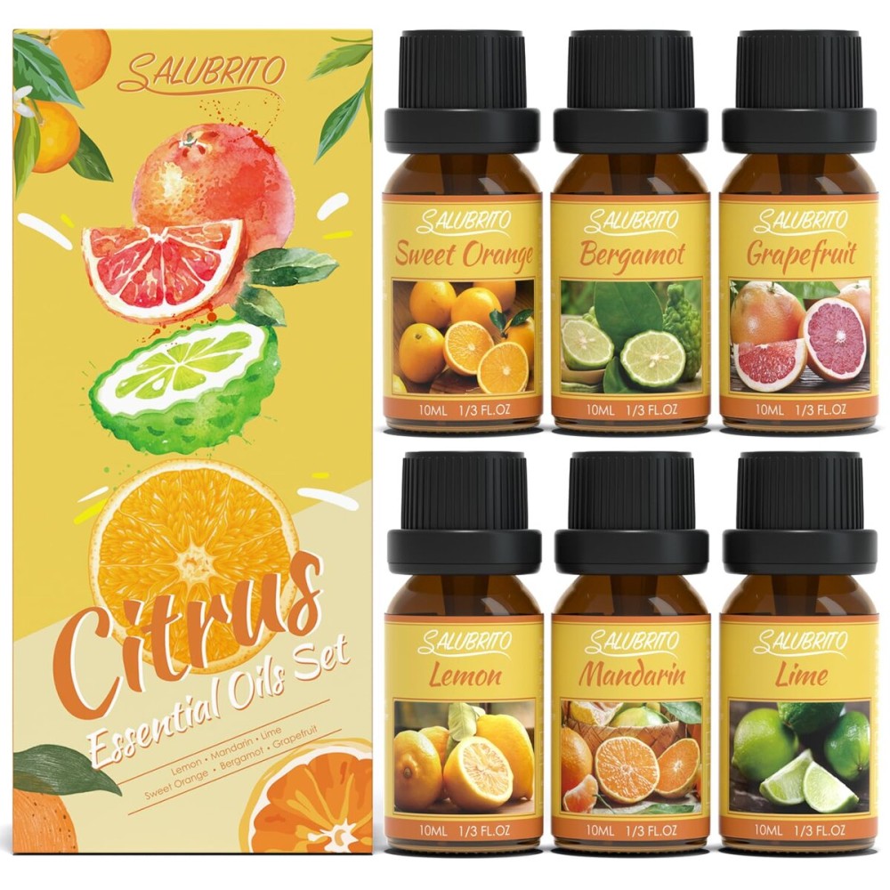 Salubrito Citrus Essential Oils Set for Diffuser, Fragrance Oil | Sweet Orange, Bergamot, Lemon, Grapefruit, Mandarin Orange, Lime Scented Oil for Soap Making, Candle Making