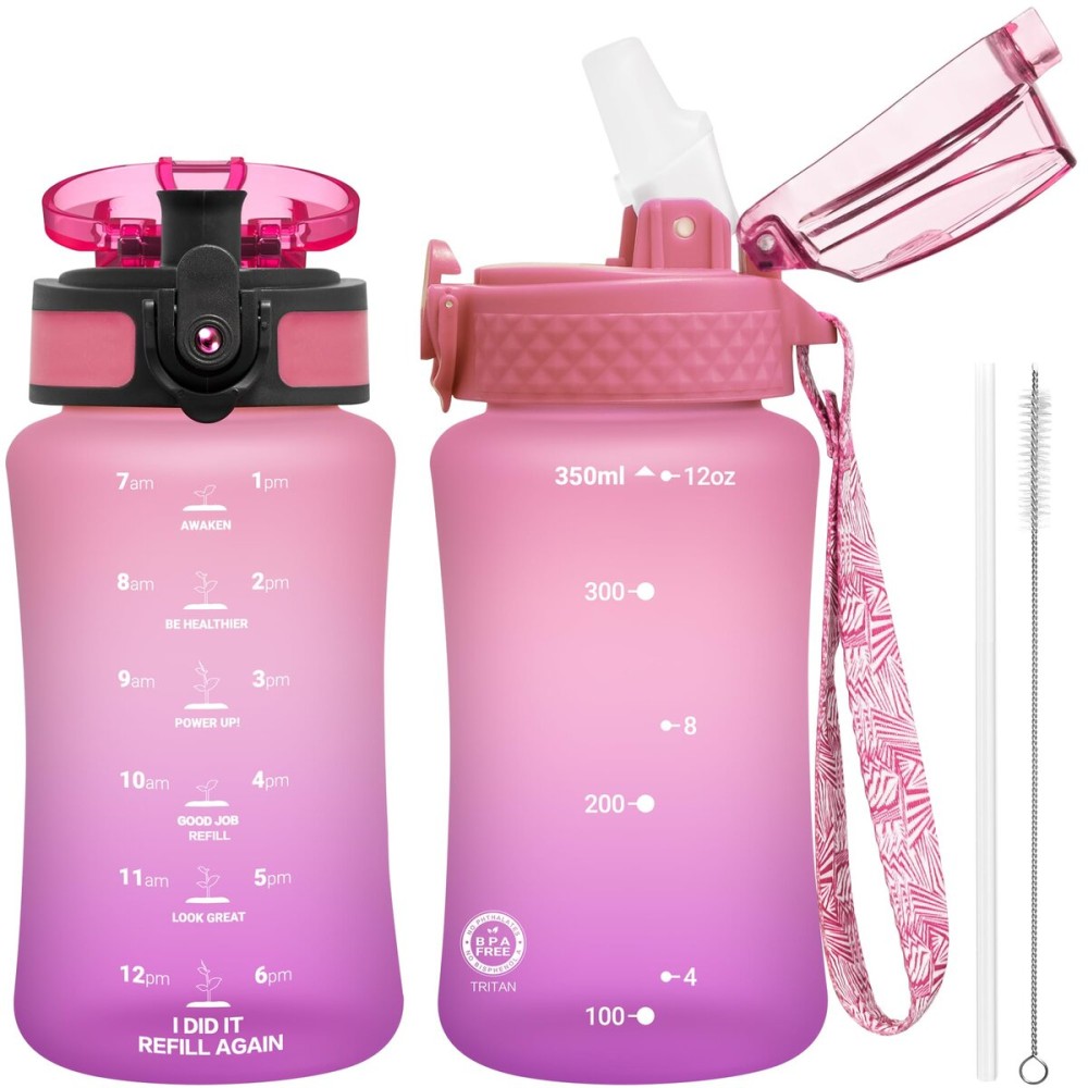 OLDLEY Kids Water Bottle for School, 12 oz (2 lids) BPA-Free Reusable Leak-proof Durable Tritan Plastic Water Bottles with Straw & Chug Lids, Anti-dust Spout Cover (Sweet Pink)