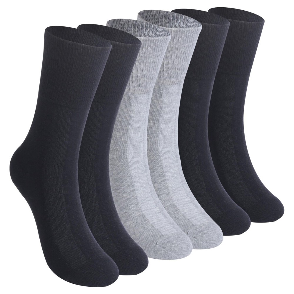 Facool Diabetic Crew Socks, Men Loose Top Non-Binding Cushioned Moisture Wicking Cotton Dress Long Socks for Circulation, Edema, Diabetes, 6 Pairs Black+Grey+Navy Blue, XXL