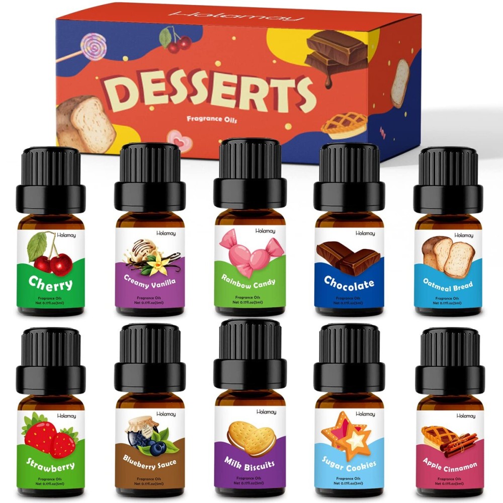 Fragrance Oils, Holamay Dessert Scented Essential Oils for Soap Candle Making, 10x5ml - Creamy Vanilla, Apple Cinnamon, Cookies and More, Aromatherapy Diffuser Oil Scents, Holiday Essential Oil Set