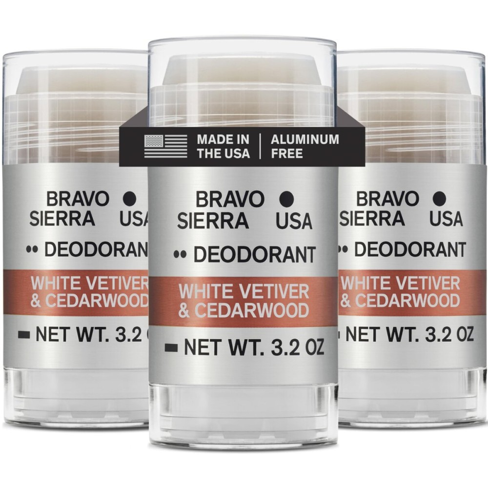 Aluminum-Free Deodorant for Men by Bravo Sierra, 3-Pack-Contains Natural Ingredients-Long Lasting All-Day Odor and Sweat Protection-White Vetiver & Cedarwood, 3.2 oz-Paraben-Free, Vegan & Cruelty-Free
