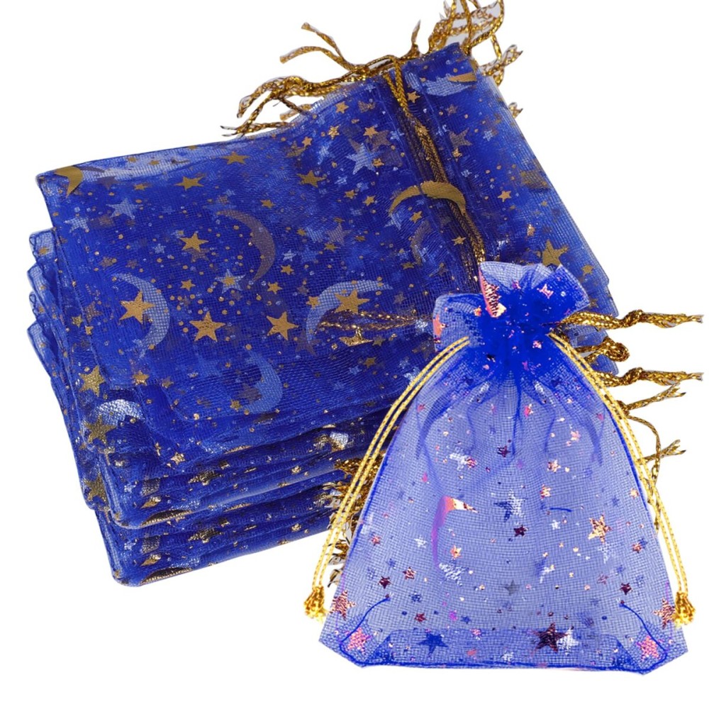 SUMAJU 100 Pieces Moon Star Organza Jewelry Candy Bags, 2.7x3.5 Inch Sheer Royal Blue Organza Pouch Small Gift Bags with Drawstring for Wedding Baby Shower Christmas Party Favors