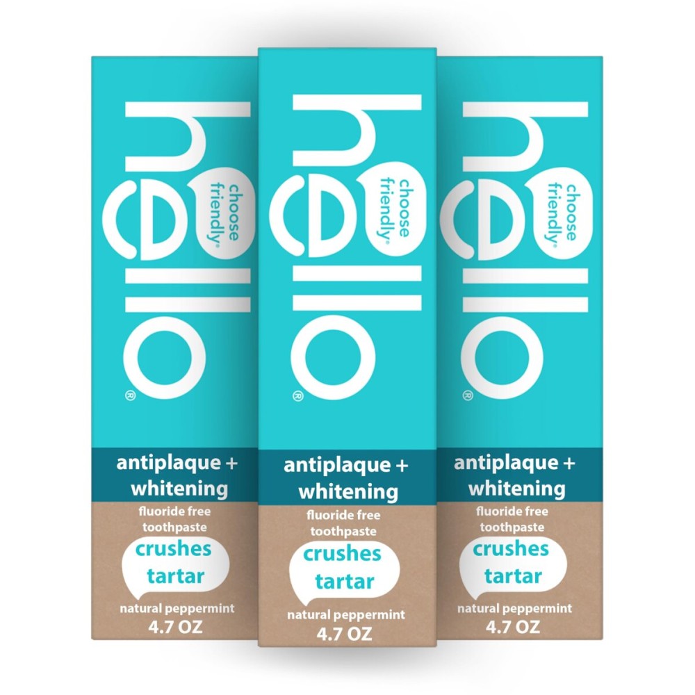 hello Antiplaque and Whitening Fluoride Free Toothpaste, Whitening Toothpaste with Coconut Oil and Tea Tree Oil, Helps Whiten Teeth, Natural Peppermint, 3 Pack, 4.7 Oz Tubes